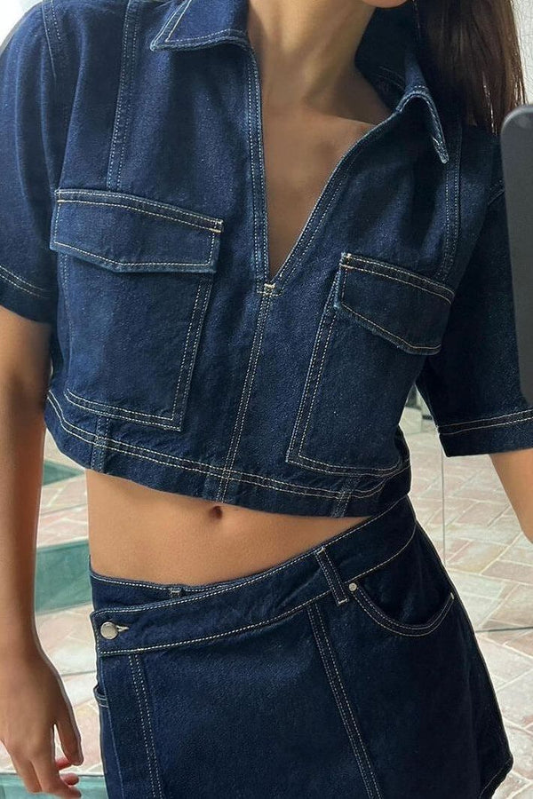 Lisa - Denim Cropped Top & Skirt Two-Piece Set