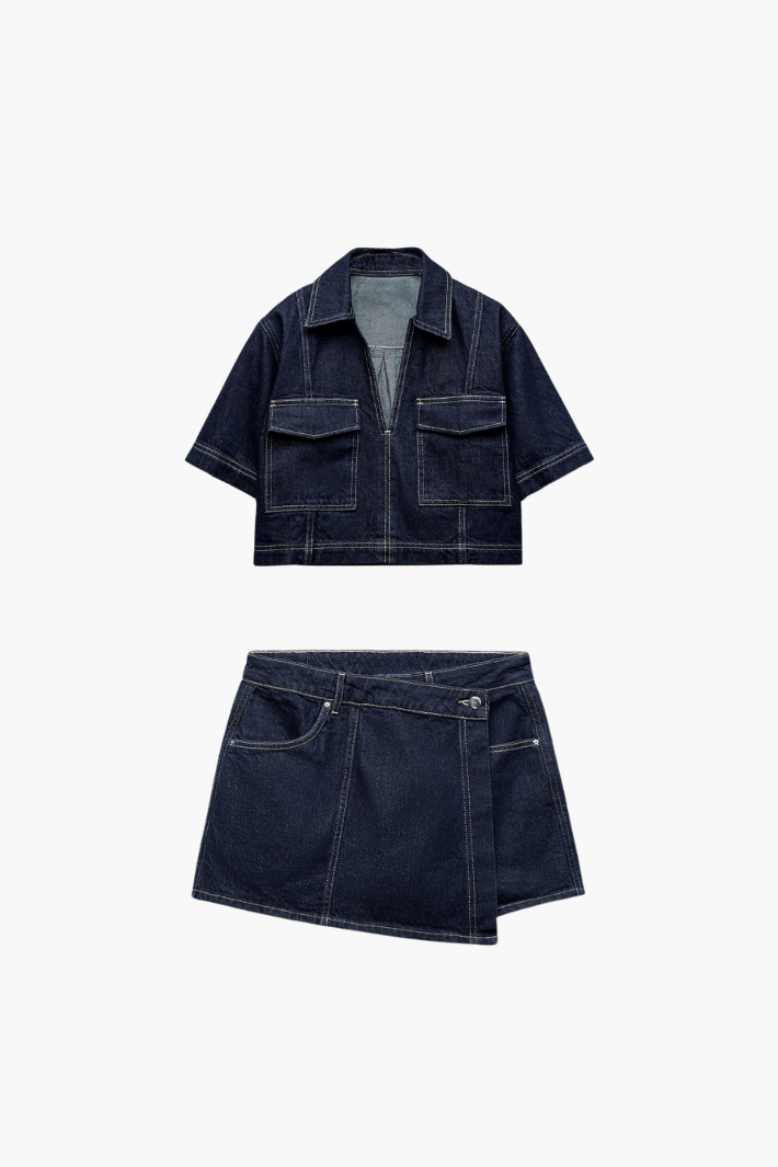 Lisa - Denim Cropped Top & Skirt Two-Piece Set