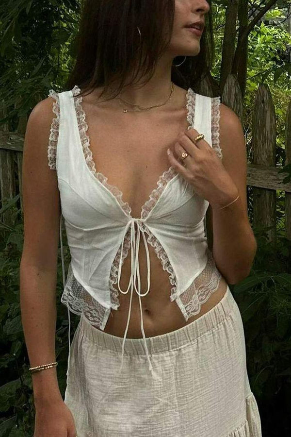 Leona - Front Tie Top with Lace Trims