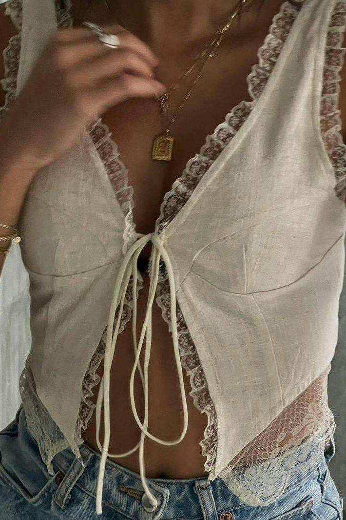 Leona - Front Tie Top with Lace Trims